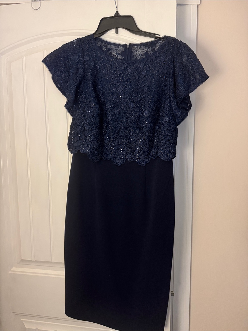 Adrianna Papell Navy Lace Sequin Overlay Midi Dress
